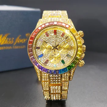Aur pentru Bărbați Ceas cu Curcubeu Moissanite de Lux Clasic Nou Impermeabil Cuarț Ceasuri Iced Bijuterii de Mână Ceas Cadou Pentru Barbat