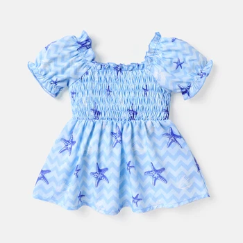 PatPat Fetita Provideri de Stea de mare de Imprimare Albastru Puf-maneca Shirred Dress