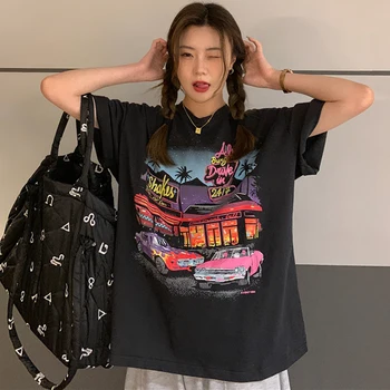 American Retro Bumbac cu mânecă Scurtă T-shirt Femei 2022 Imprimare Vrac coreean Harajuku Tricou Hiphop O-neck Top Y2k Haine
